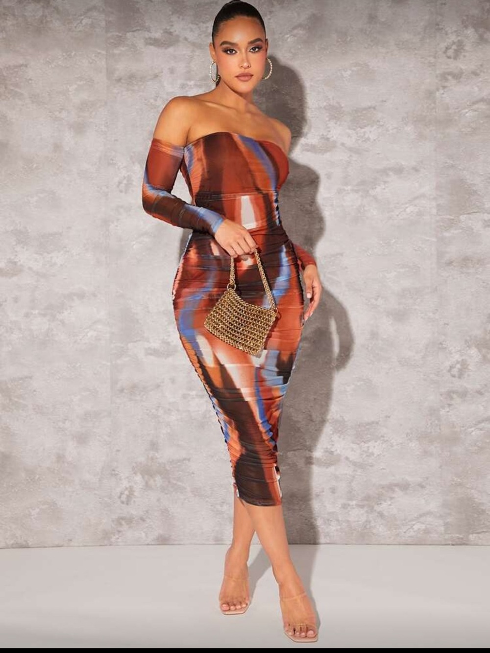 SHEIN One-Shoulder Bodycon Midi Dress in Brown & Blue Abstract